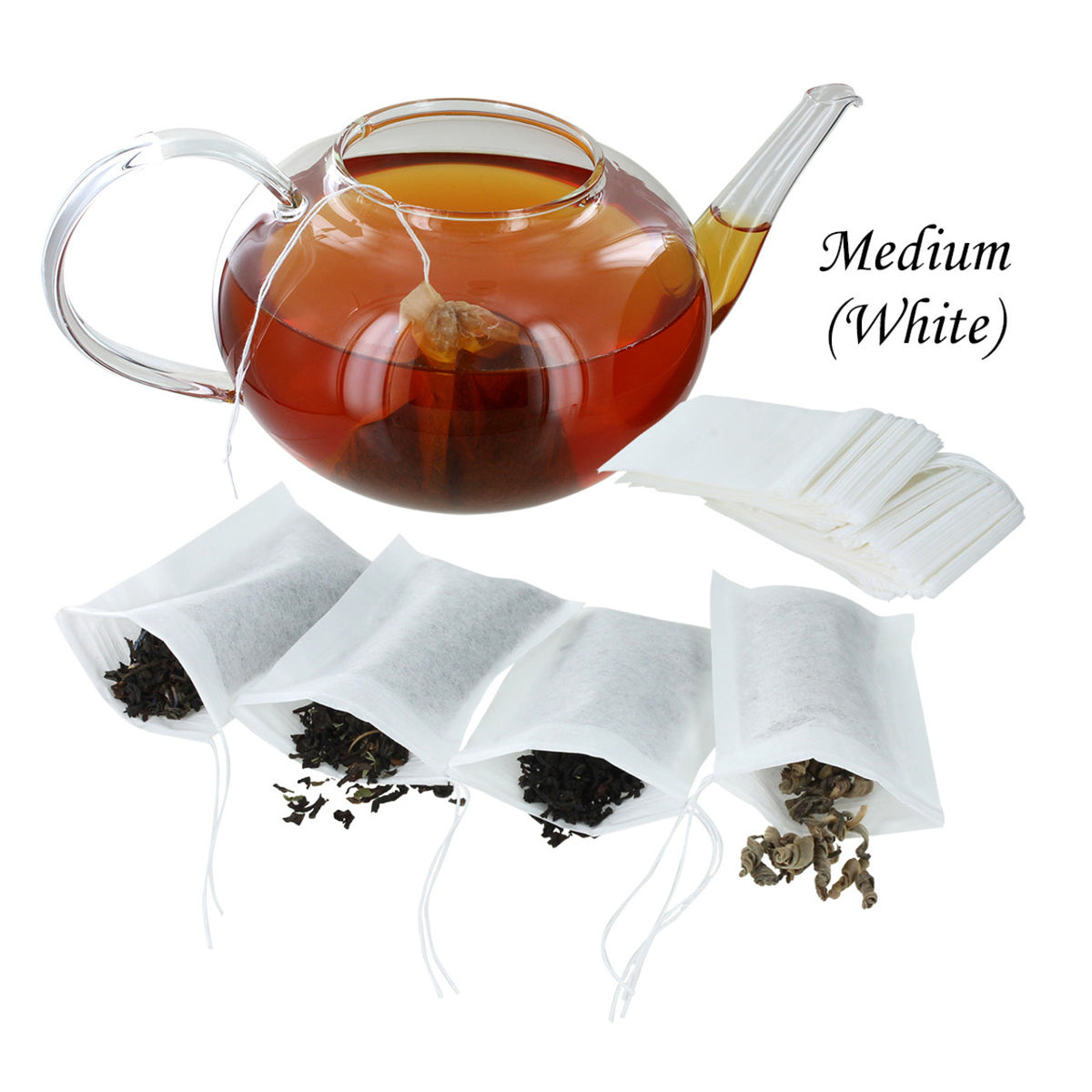 Tea pot with brewed tea and white tea bags on a white background and text callout for Medium (white) for the tea bags
