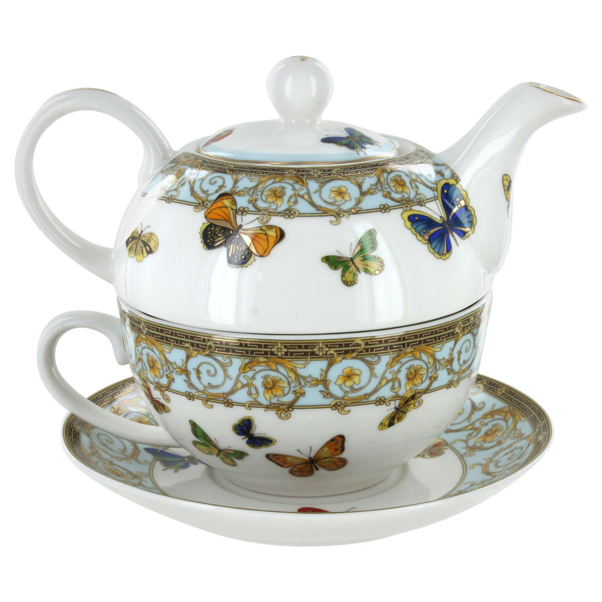 Tea set with butterfly design on a white background