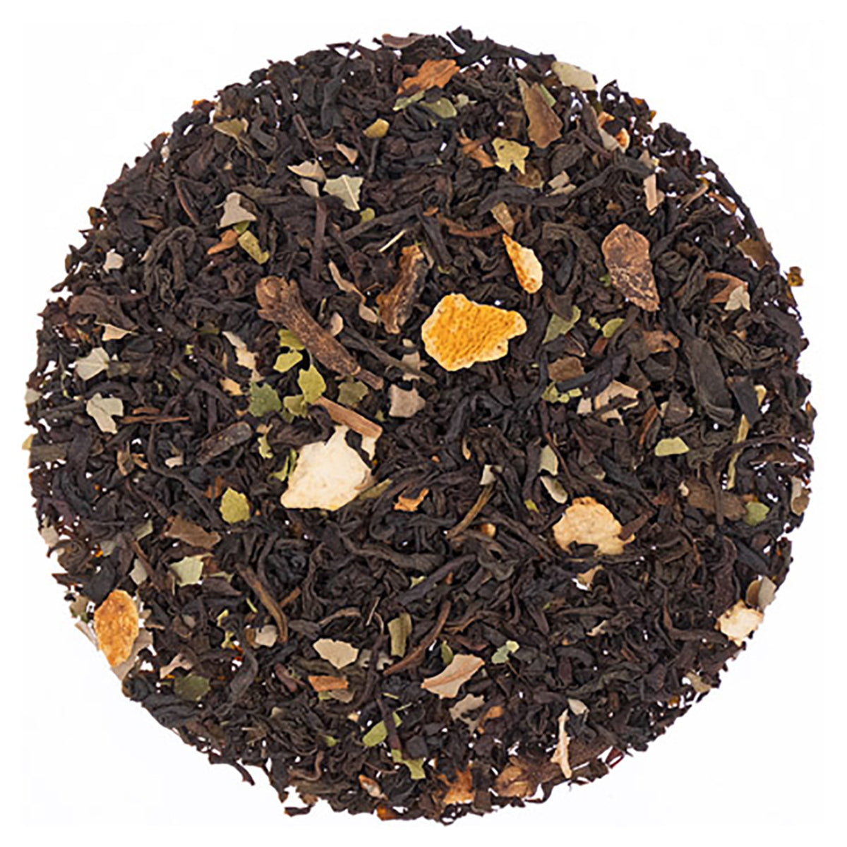 Tea leaves with visible stems and pieces on a white background
