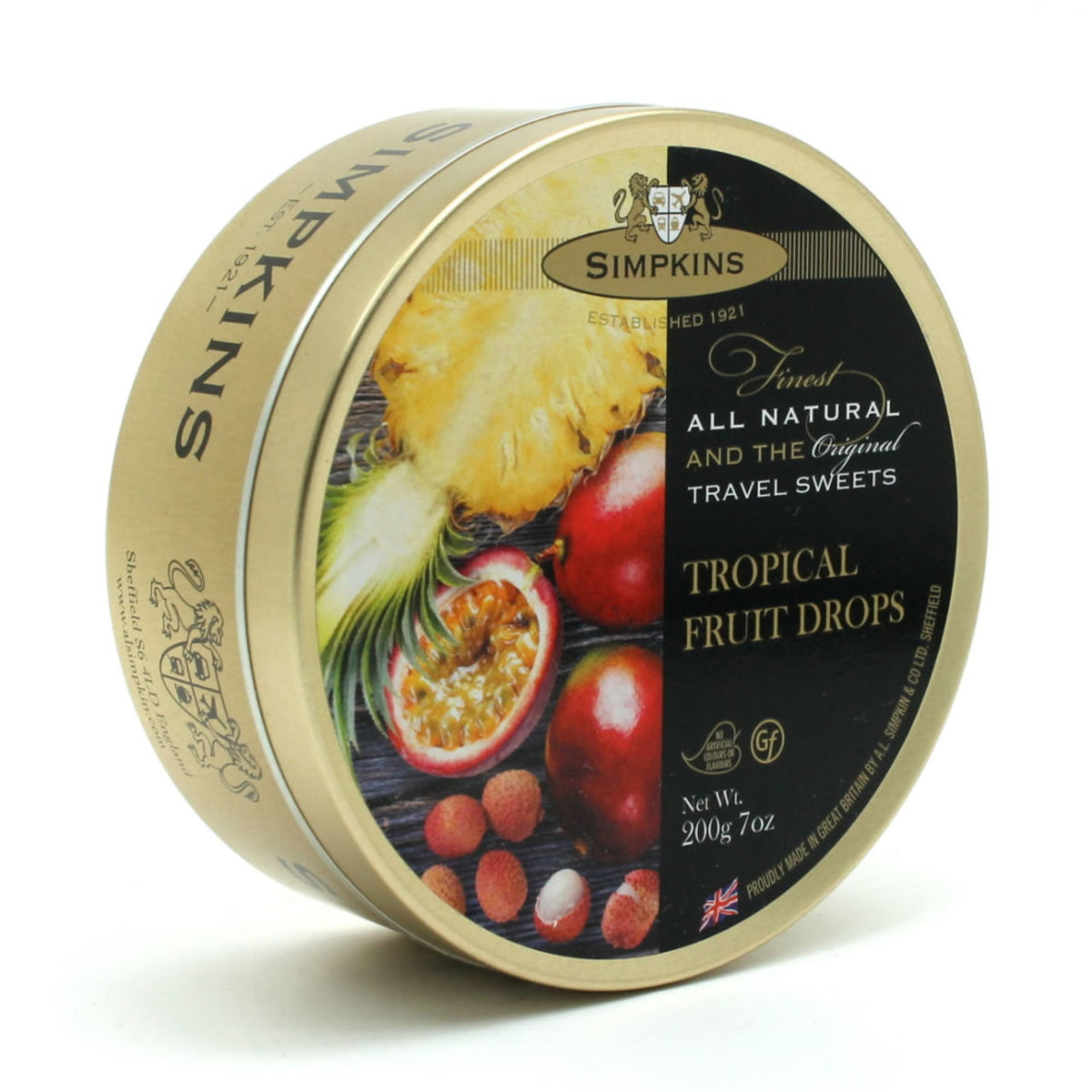 Simpkins Tropical Fruit Drops tin with fruit illustration on a white background