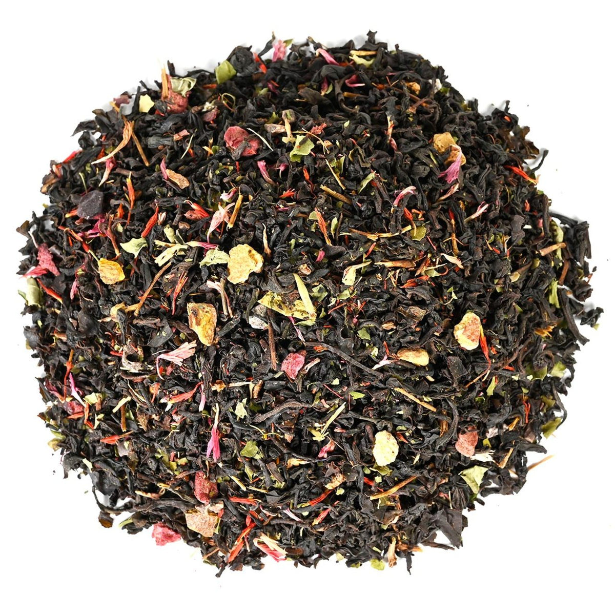 Pile of loose-leaf black tea leaves with pink and yellow flower petals mixed in.