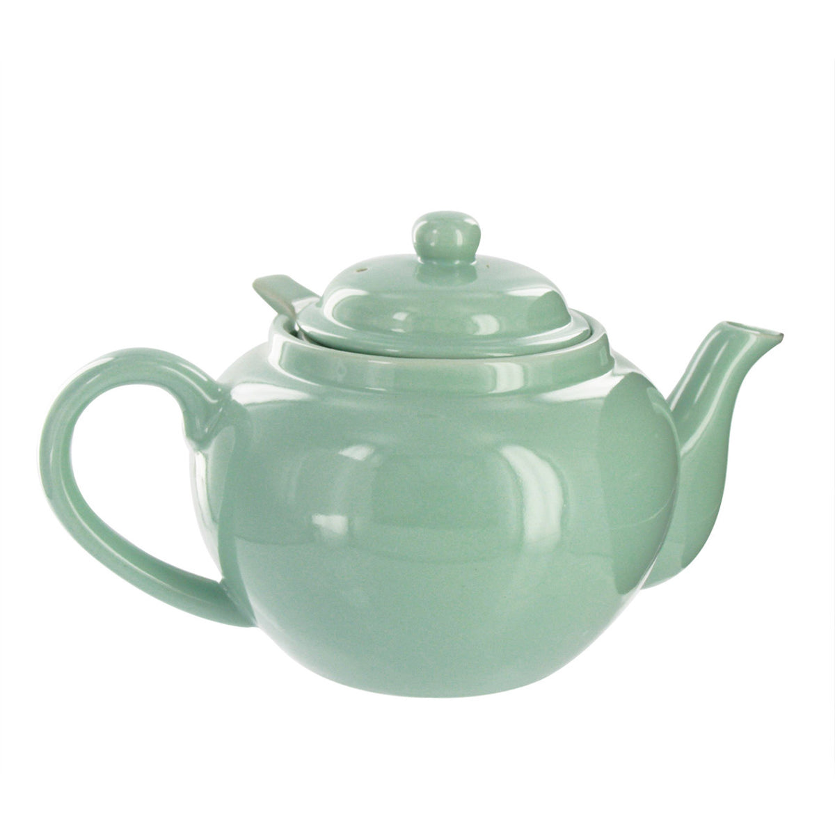 Mint green ceramic teapot on a white background
