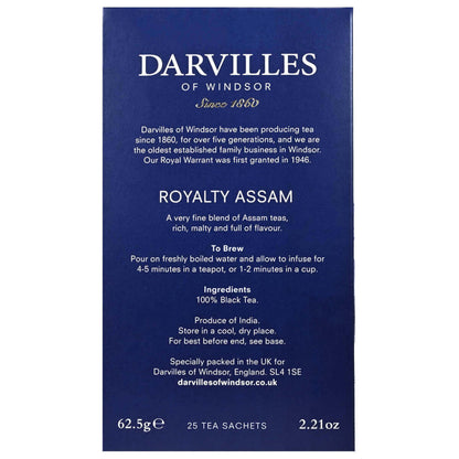 Darvilles of Windsor Royalty Assam tea packaging with text on a blue background