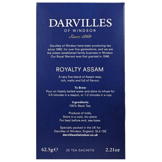 Darvilles of Windsor Royalty Assam tea packaging with text on a blue background