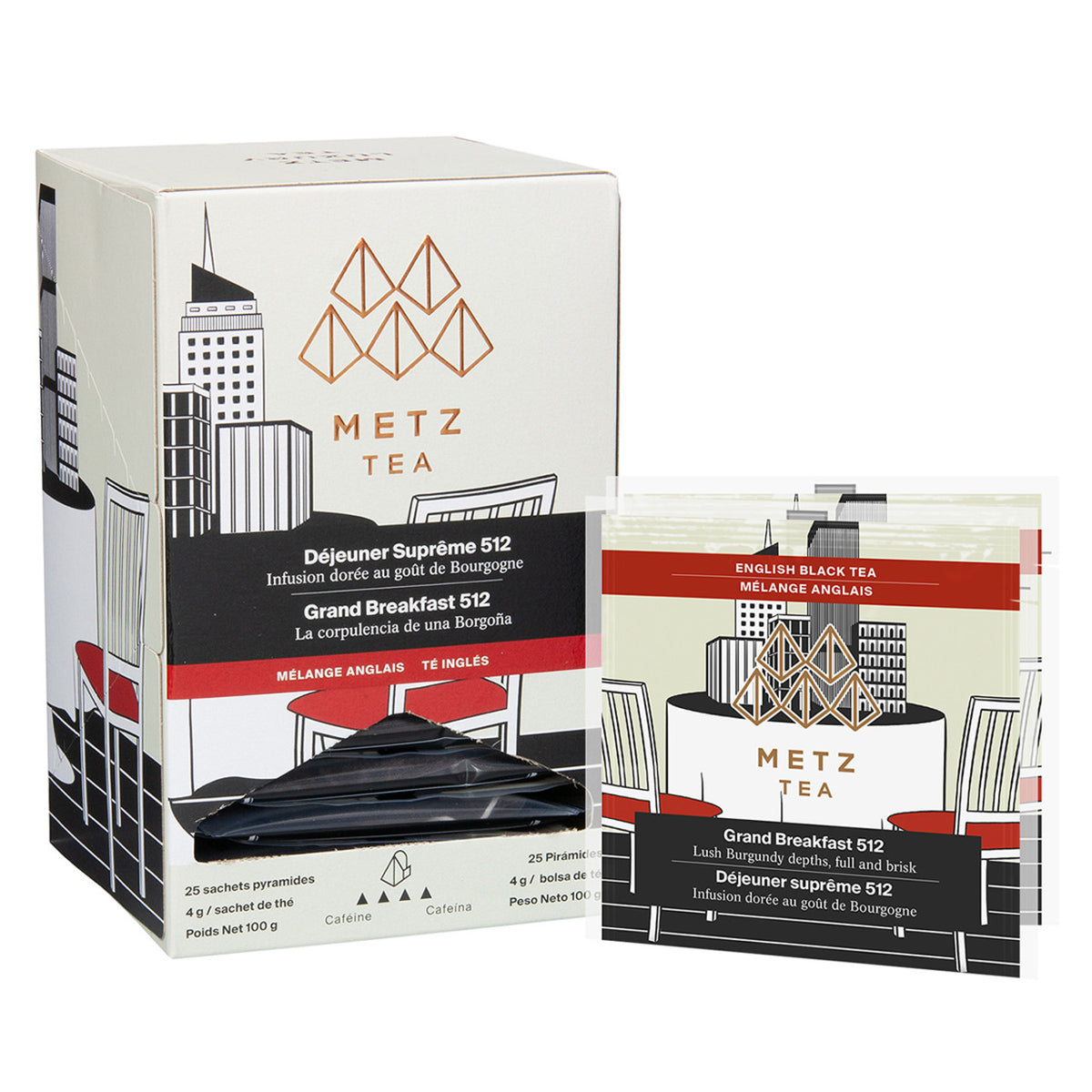 A box of Metz Grand Breakfast tea with illustrations of a city skyline and a chair with black and white color scheme and red accents.  Next to the box are a couple of individually wrapped teabags. 
