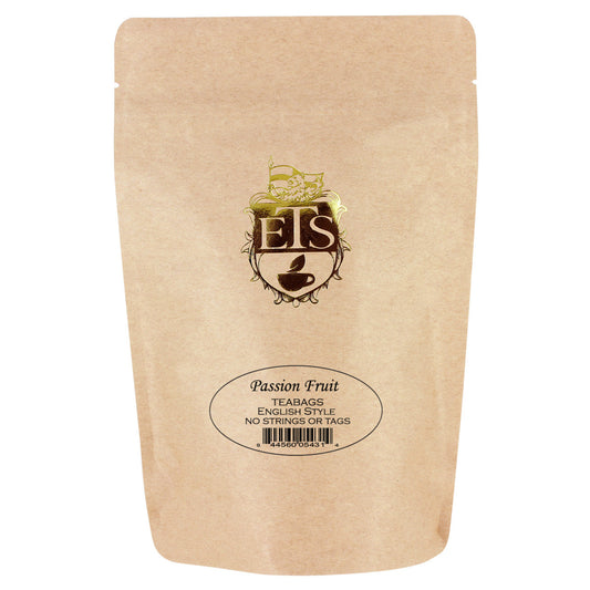 Kraft paper packaging of passion fruit teabags with the ETS logo and text oval listing the Passion Fruit flavor.  Package is on a white background