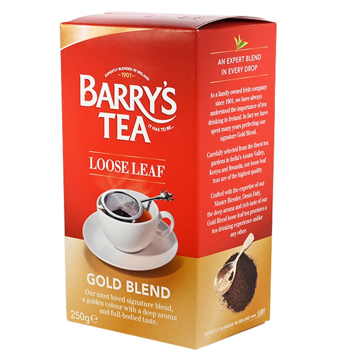 Barry's Tea Gold Blend loose leaf tea packaging on a white background