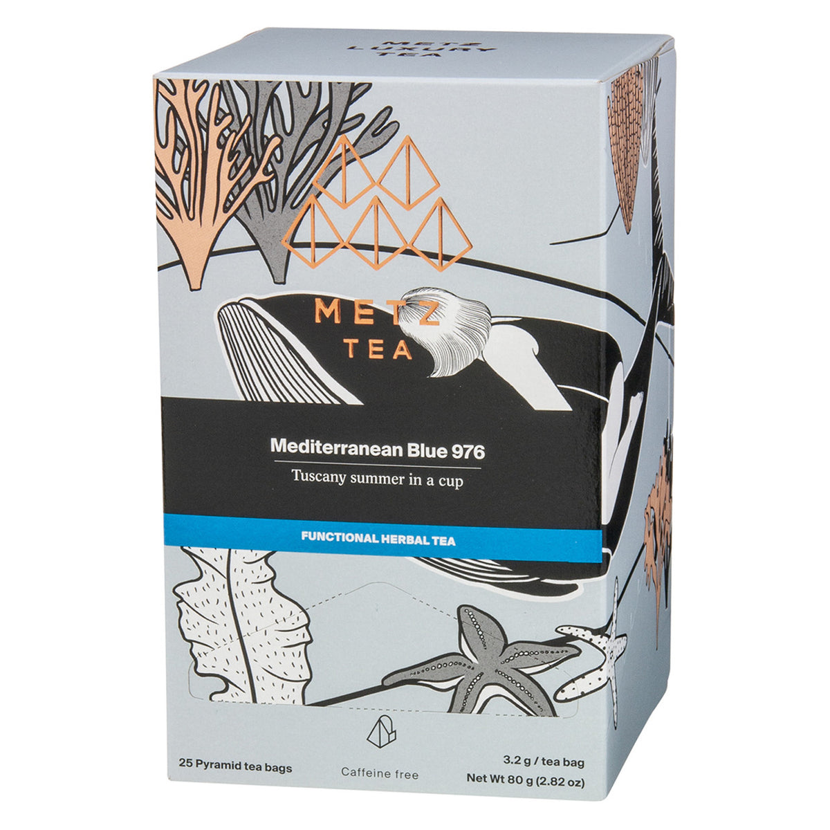 A box of Metz Mediterranean Blue 976 Functional Herbal Tea featuring drawings of a woman and a whale
