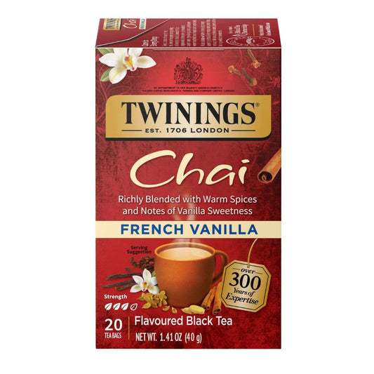 Twinings French Vanilla Chai tea box on a white background