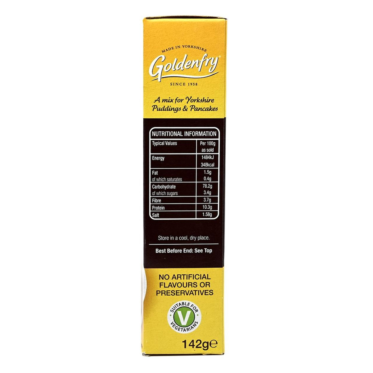 Yellow and black packaging of Goldenfry Yorkshire Puddings and Pancake Mix product on a white background