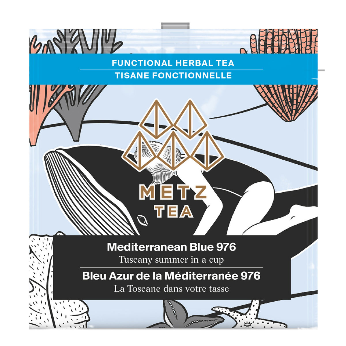 Individually wrapped teabag package for Metz Mediterranean Blue Tea featuring drawing of a woman and a whale. 