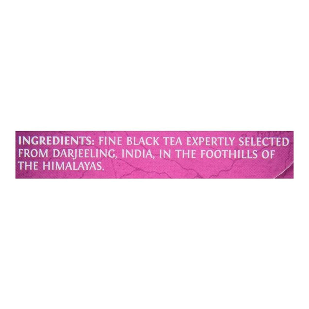 Text on a pink background describing tea ingredients from Darjeeling, India.