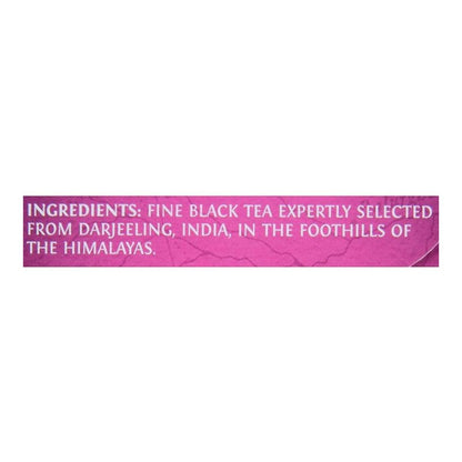 Text on a pink background describing tea ingredients from Darjeeling, India.