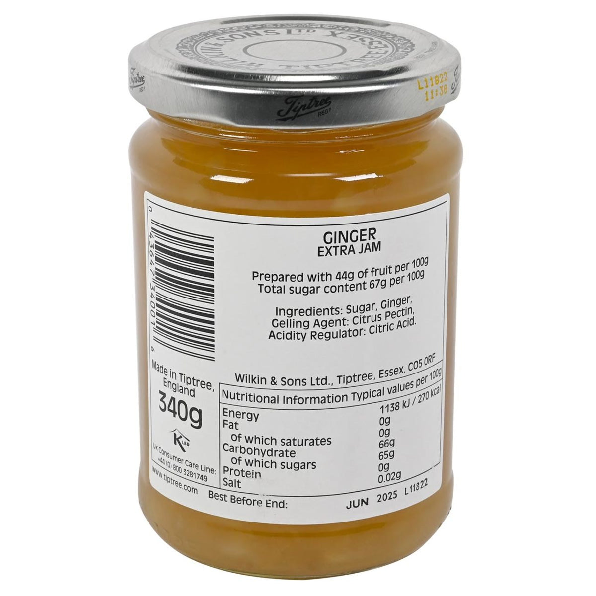 Jar of Wilkin & Sons Ltd Tiptree Ginger Conserve with nutritional label on a white background
