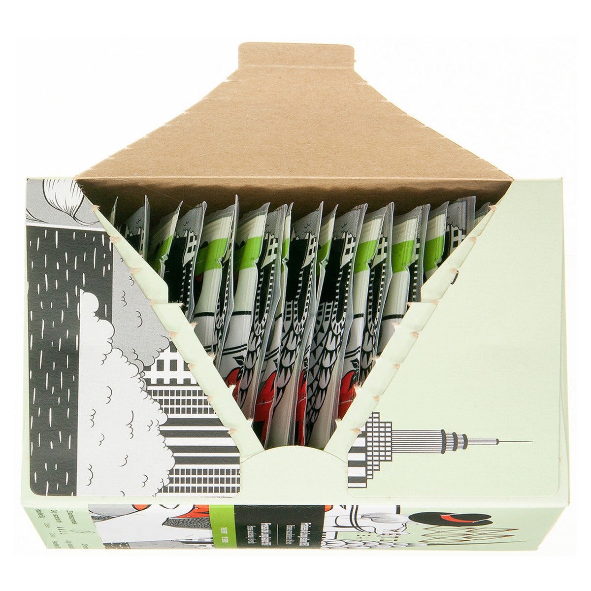 Opened box of A box of Metz Long Island 950 Strawberry Green tea exposing the individually wrapped teabags contained inside.