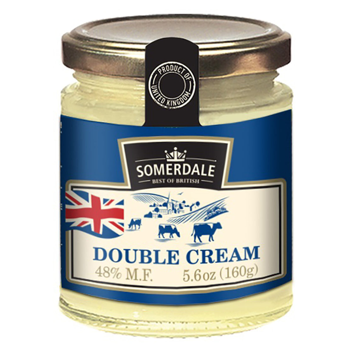 Jar of Somerdale double cream with a blue label and British flag.