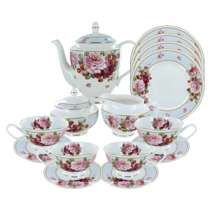 A bone china tea set with a floral pattern, including a teapot, cups, saucers, and decorative plates, predominantly white with blue bands and gold trim.