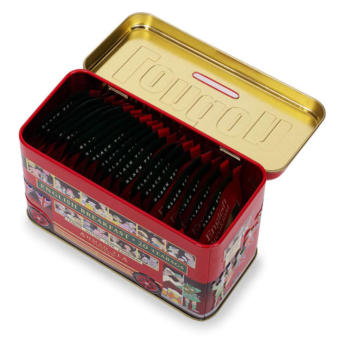 An open tea tin can of Ahamd Tea Breakfast tea showing the 20 individually wrapped teabags.  The tin is the sytle of red double decker British bus