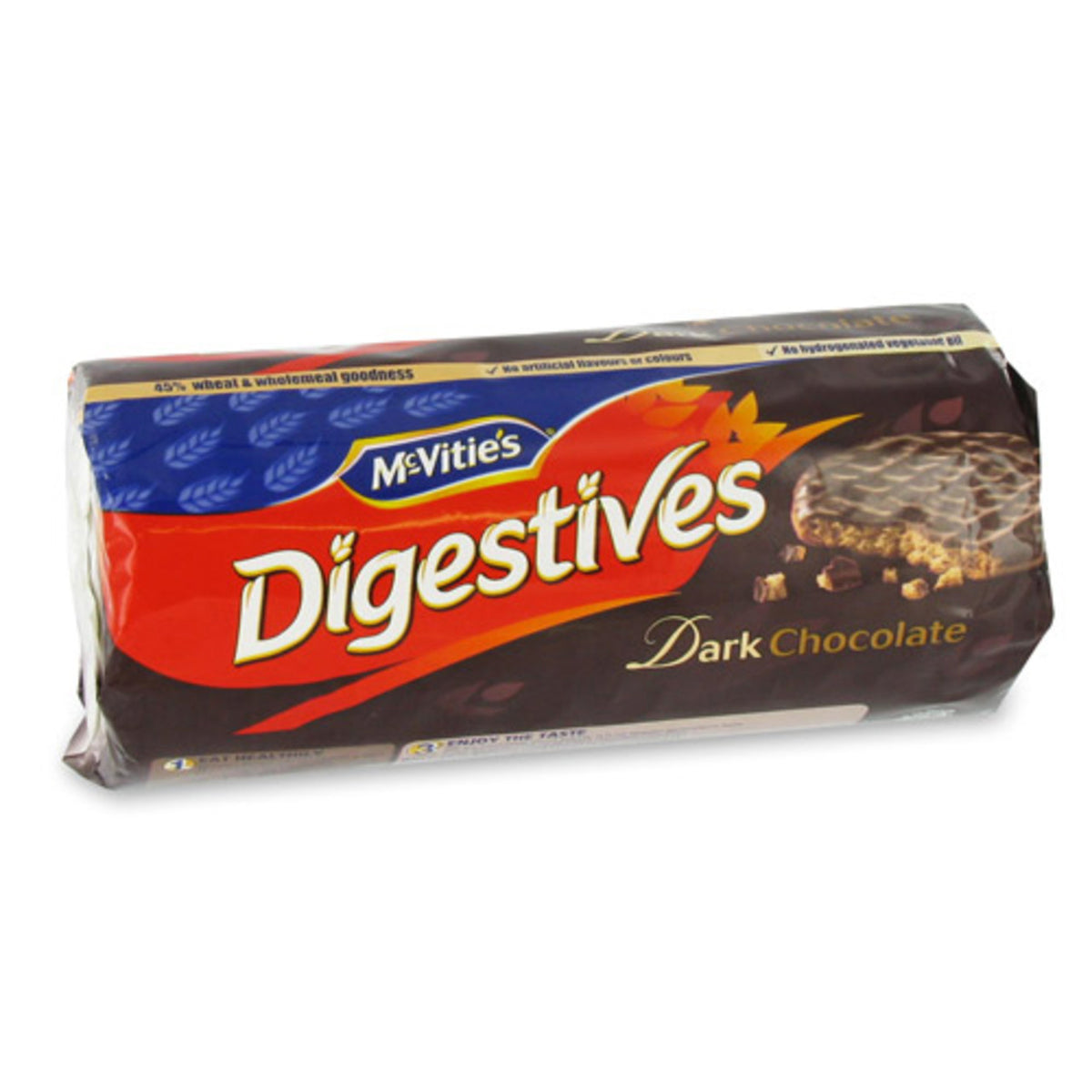 Pack of McVitie's Dark Chocolate Digestives on a white background