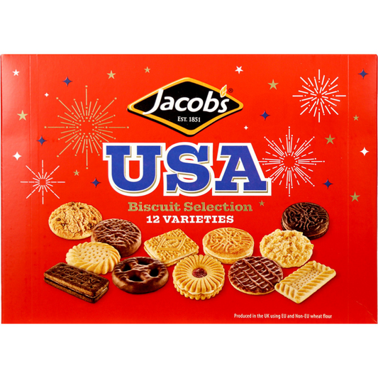 Box of Jacobs USA Biscuit Selection with various biscuit images on a red background