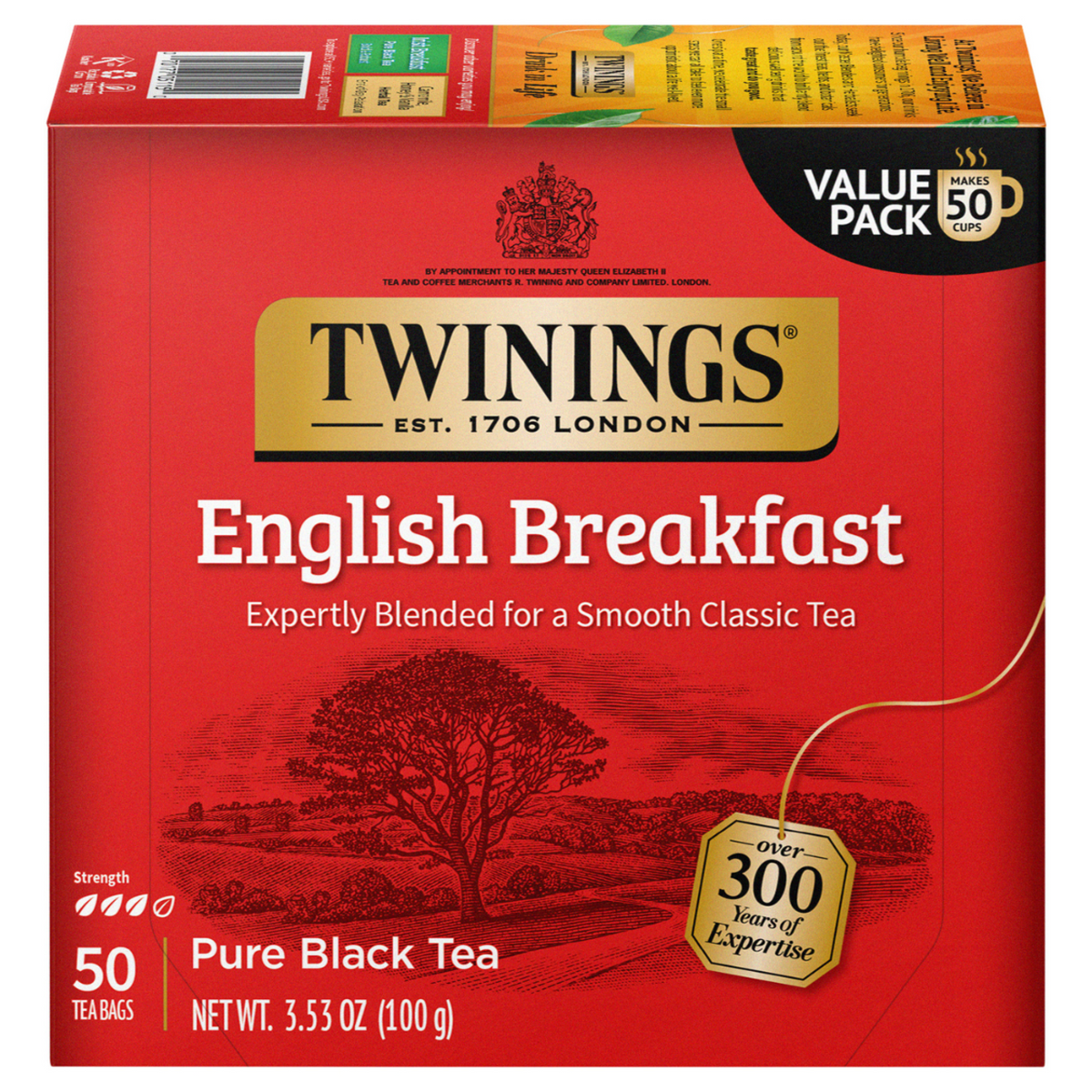 Red box of Twinings English Breakfast tea with red background and tree illustration