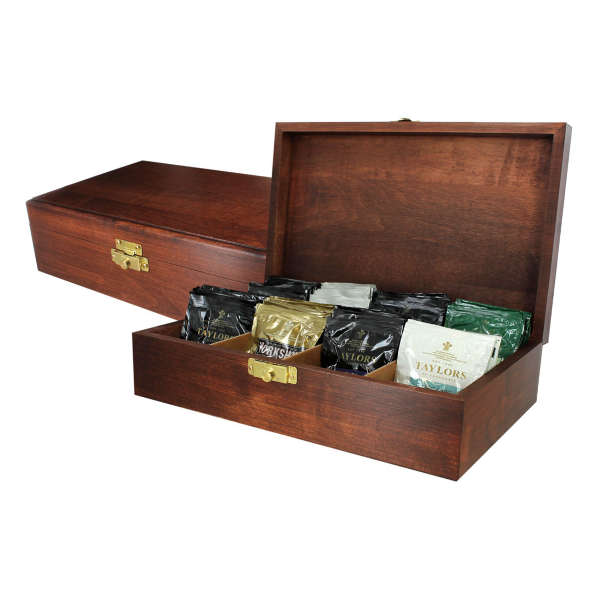Wooden tea box with Taylor's tea bags on a white background