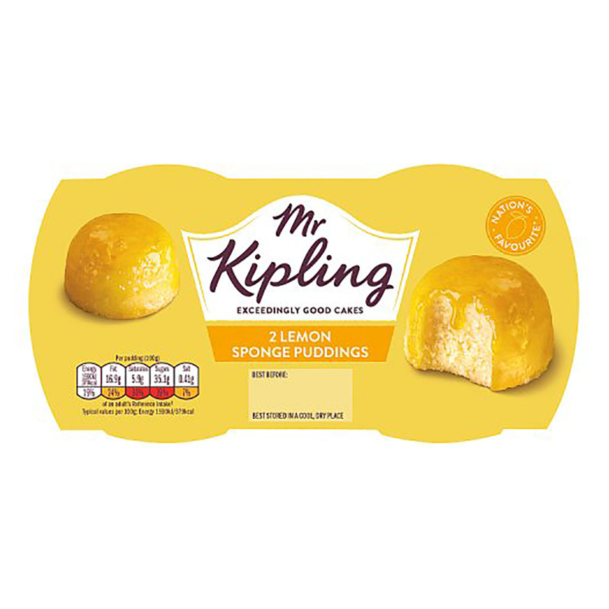 Pack of Mr. Kipling lemon sponge puddings on a white background