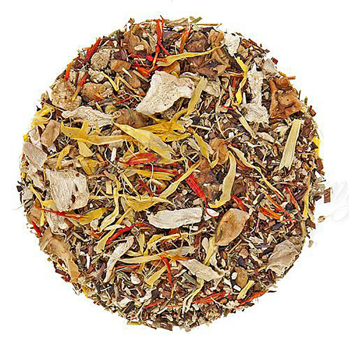 Dried tea leaves of yellow and brown leaves in a circle on a white background.