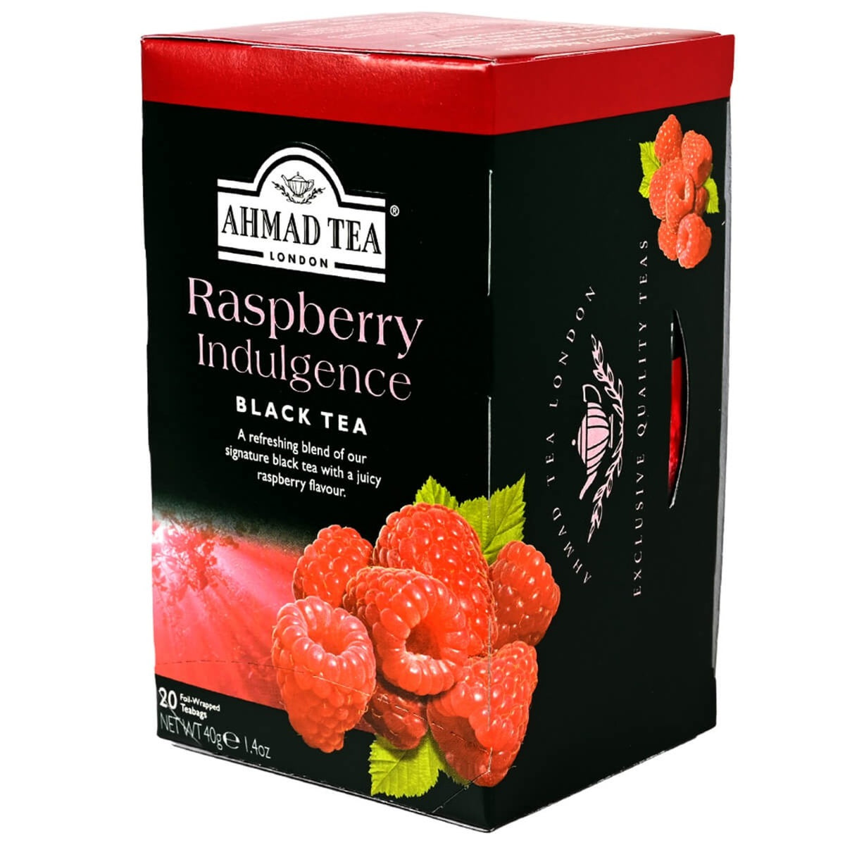 Ahmad Tea Raspberry Indulgence black tea packaging with raspberries on a white background