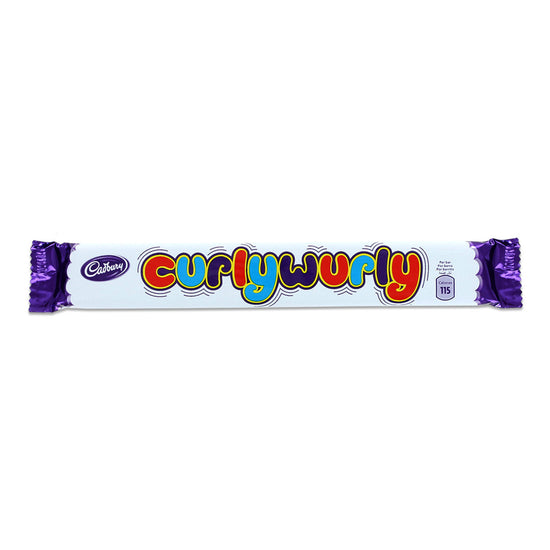 Chocolate candy bar with 'Curly Wurly' packaging on a white background