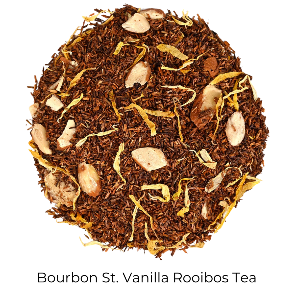 Loose-leaf Rooibos tea mixed with dried fruit yellow petals and product name call out at bottom for Bourbon St. Vanilla Rooibos Tea