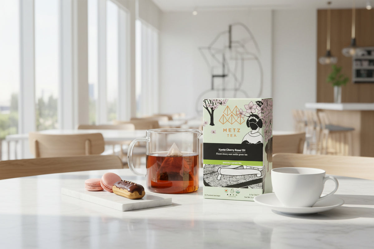 Tea set with Metz & Co tea packaging on a table in a bright room.