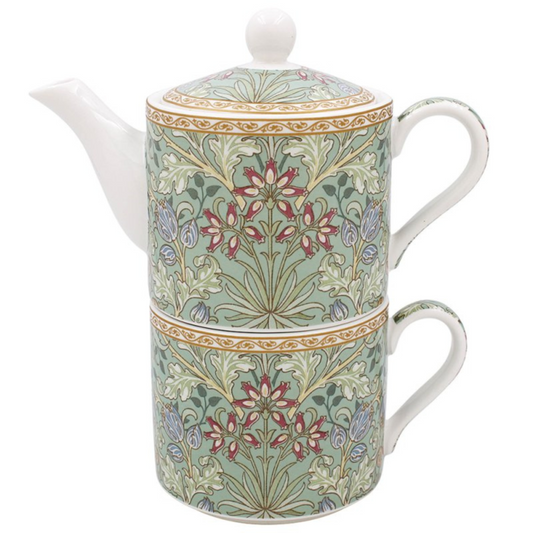William Morris 'Hyacinth' Tea for One set with floral pattern and light green backing with the set on a white background.