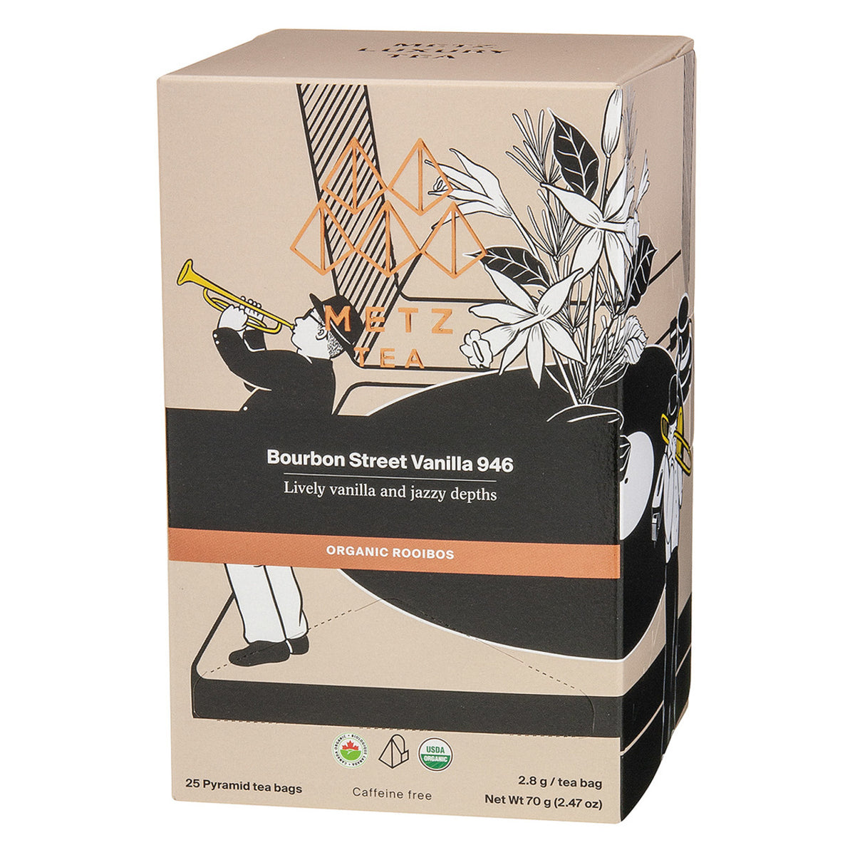 M&Z Tea box with illustrations and text on a beige background