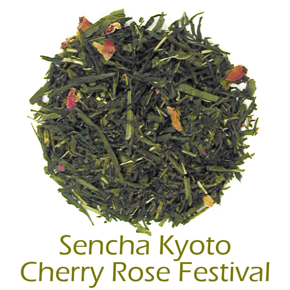 Sencha Kyoto Cherry Rose Festival loose-leaf tea on a white background with product title text callout at bottom
