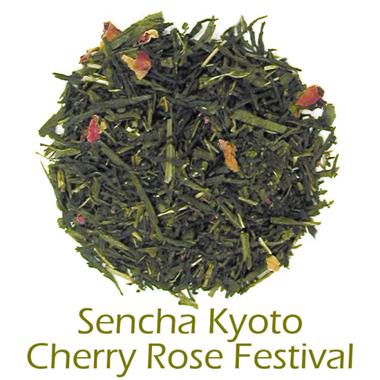 Sencha Kyoto Cherry Rose Festival loose-leaf tea on a white background with product title text callout at bottom
