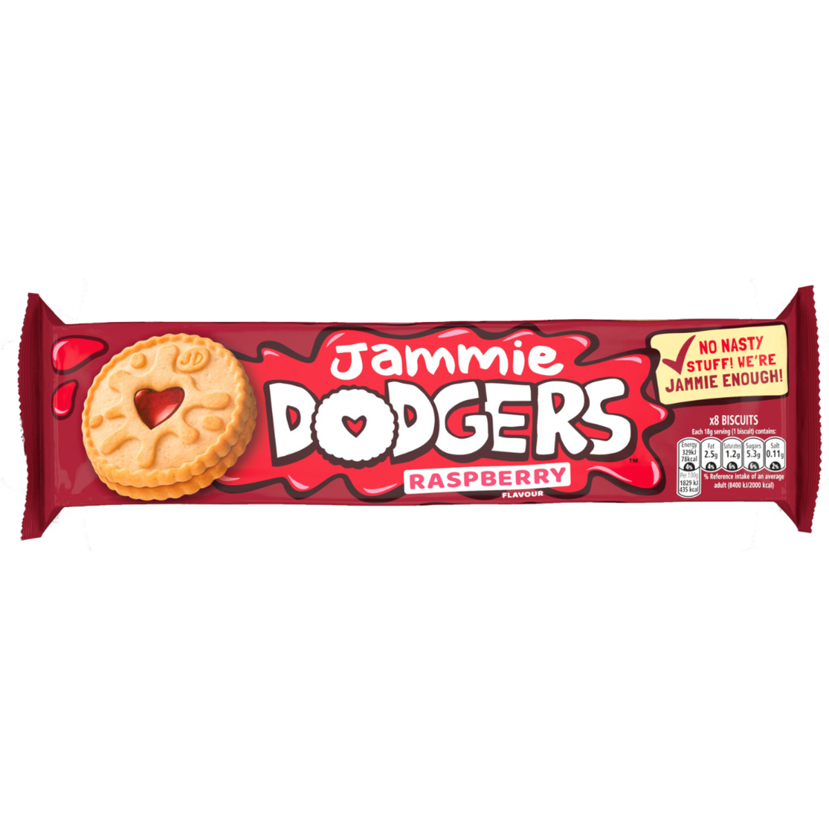 Jammie Dodgers Raspberry flavor packaging on a white background