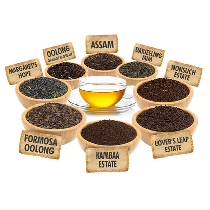 Assorted types of tea in wooden bowls with labels on a white background