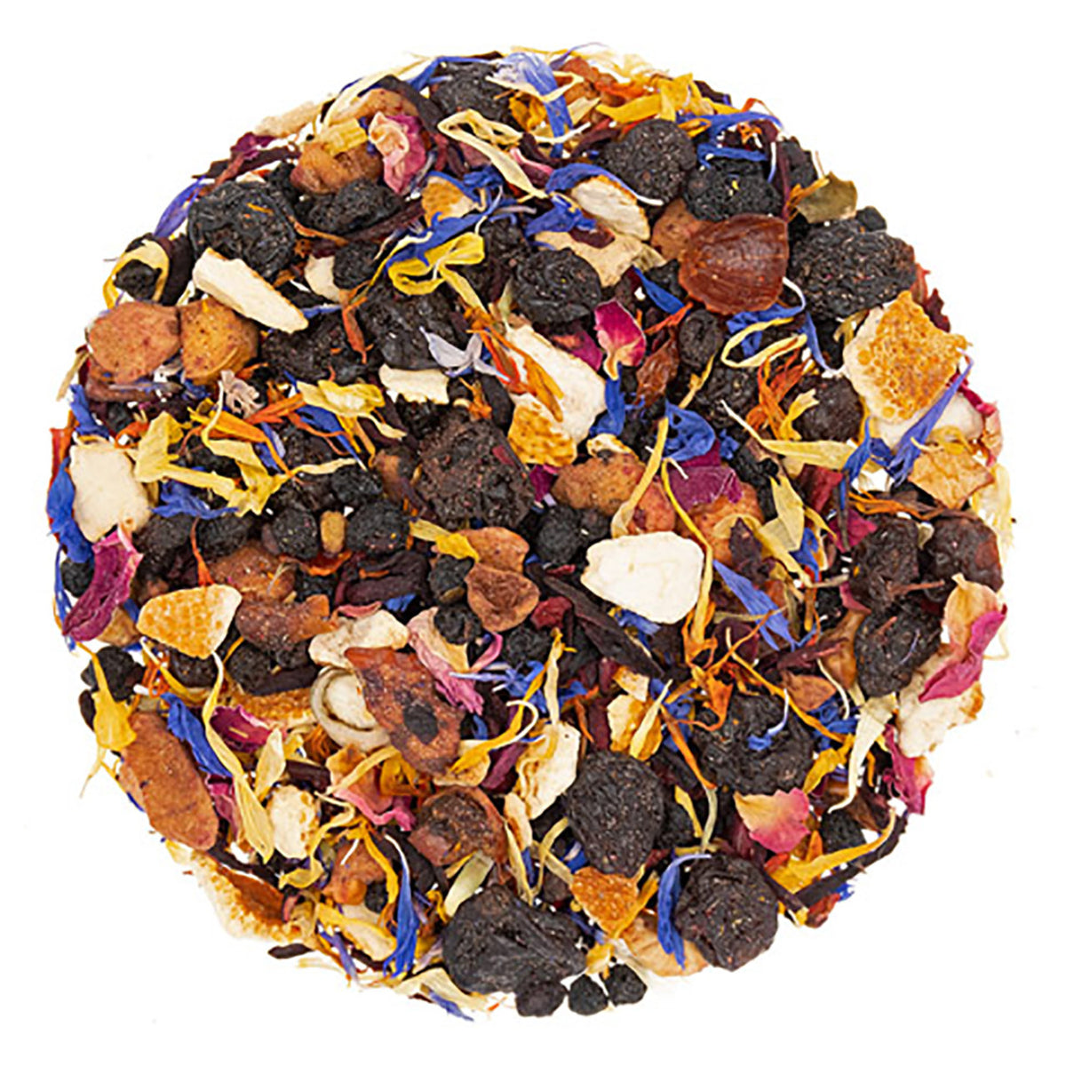 A mix of dried herbal tisane, including hibiscus petals, apple pieces, rosehip chips, and more, indicative of a tutti frutti herbal tea blend.