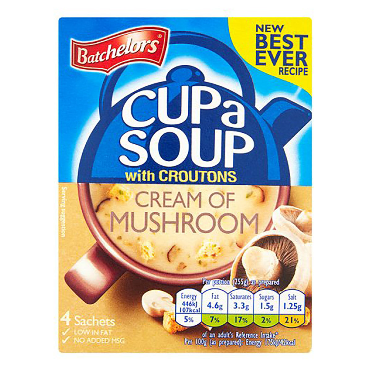 Box of Batchelers Cup a Soup with Croutons Cream of Mushroom flavor on a white background