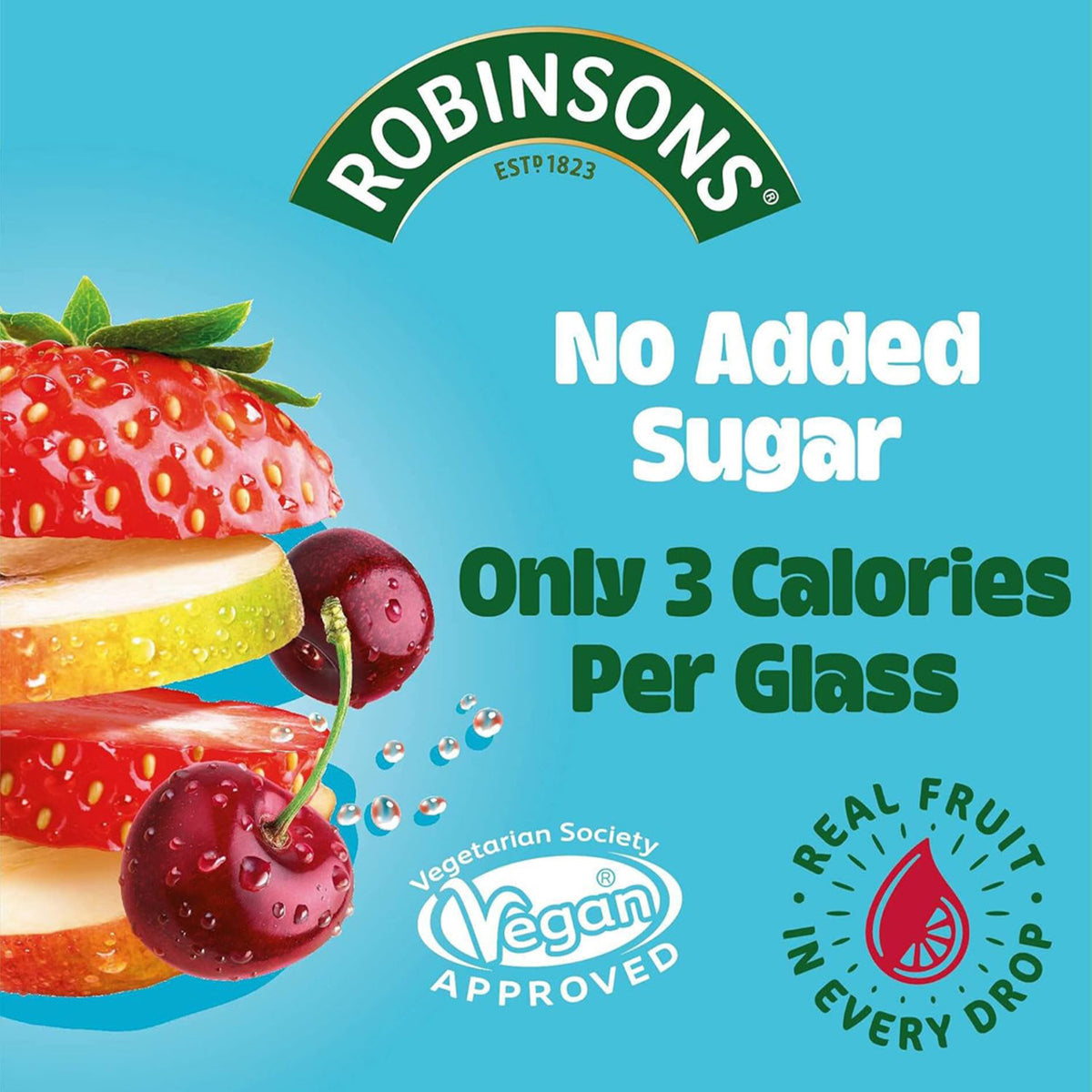 Robinsons no added sugar drink packaging with fruit imagery on a blue background