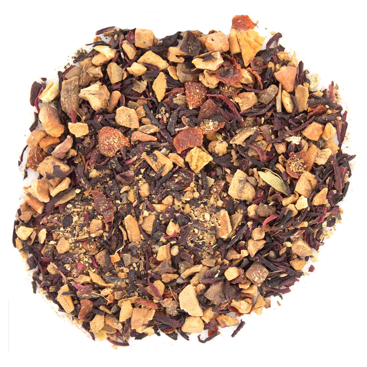 Assorted dried tea leaves and fruit pieces on a white background