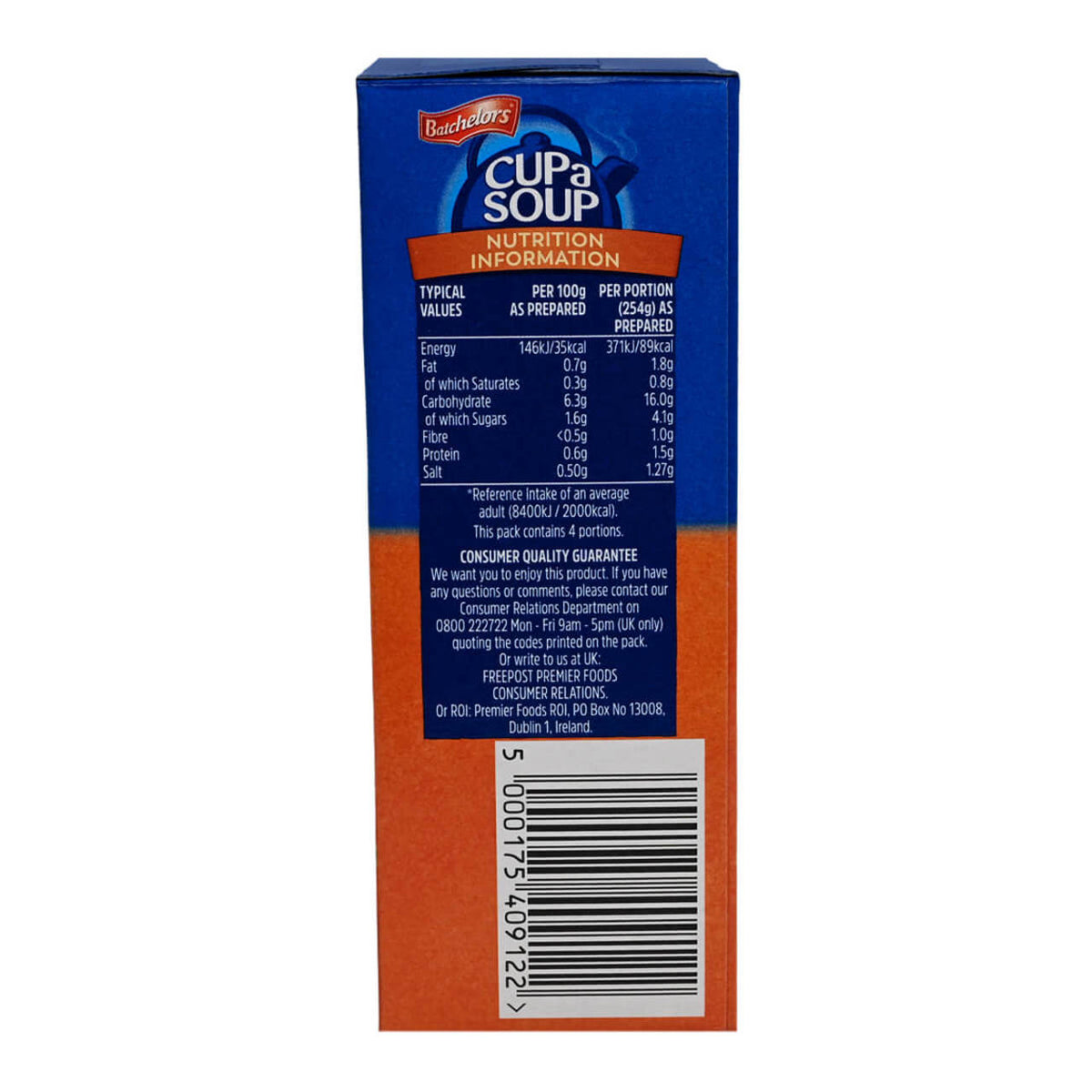Back view of a Batchelor's Cup-a-Soup package with nutrition information on a white background