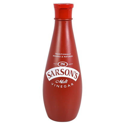 Red bottle of Sarson's Malt Vinegar on a white background