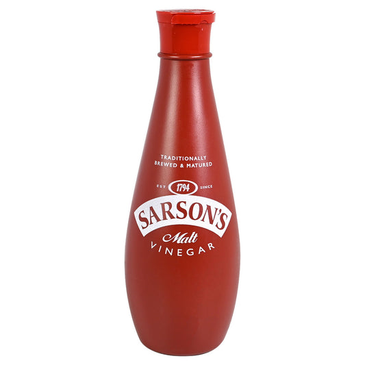 Red bottle of Sarson's Malt Vinegar on a white background