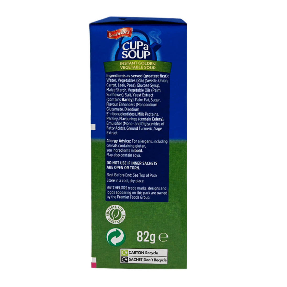Box of Cup-a-Soup vegetable soup with blue and green design on a white background