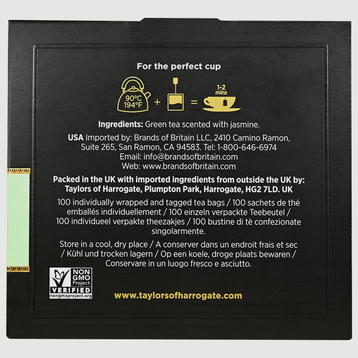 Bottom of a box of Taylors of Harrogate green tea with ingredients list.