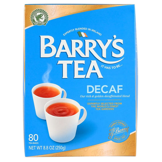 Barry's Tea Decaf package with two cups of tea on a blue background
