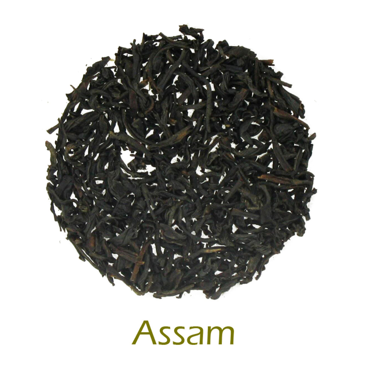 Assam loose-leaf tea in a circular pattern on a white background with product name callout at the bottom