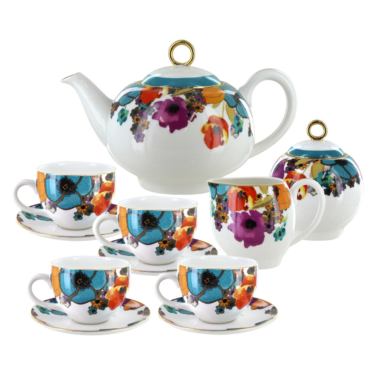 Tea set with floral design on a white background